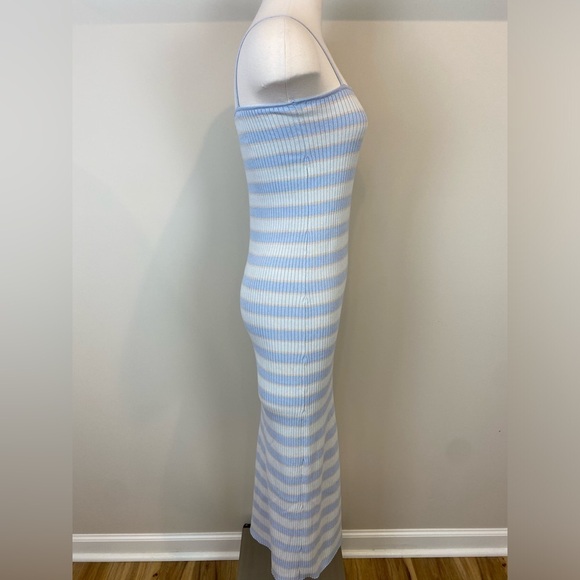 Zara Midi Pastel Striped Ribbed Knit Dress Blue White Beige Spaghetti Strap Sz L - Picture 10 of 16